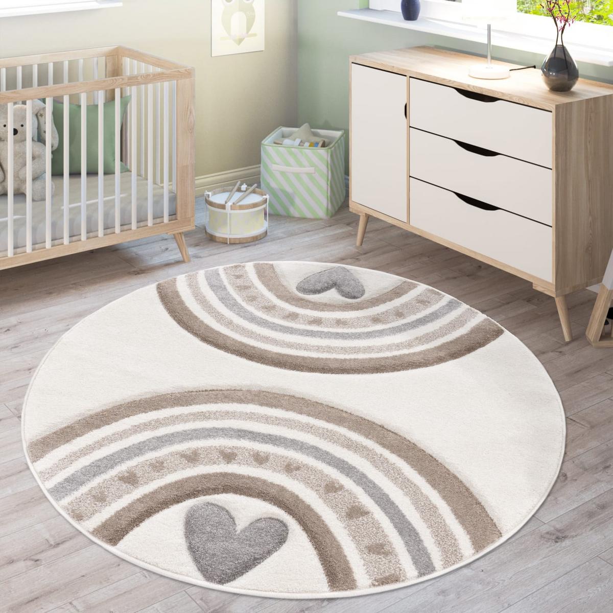 KINDERTEPPICH, mit Regenbogen- und Herz-Motiv, Beige, Ø 200 cm - Beige, Textil (200/200cm) - KADIMA DESIGN