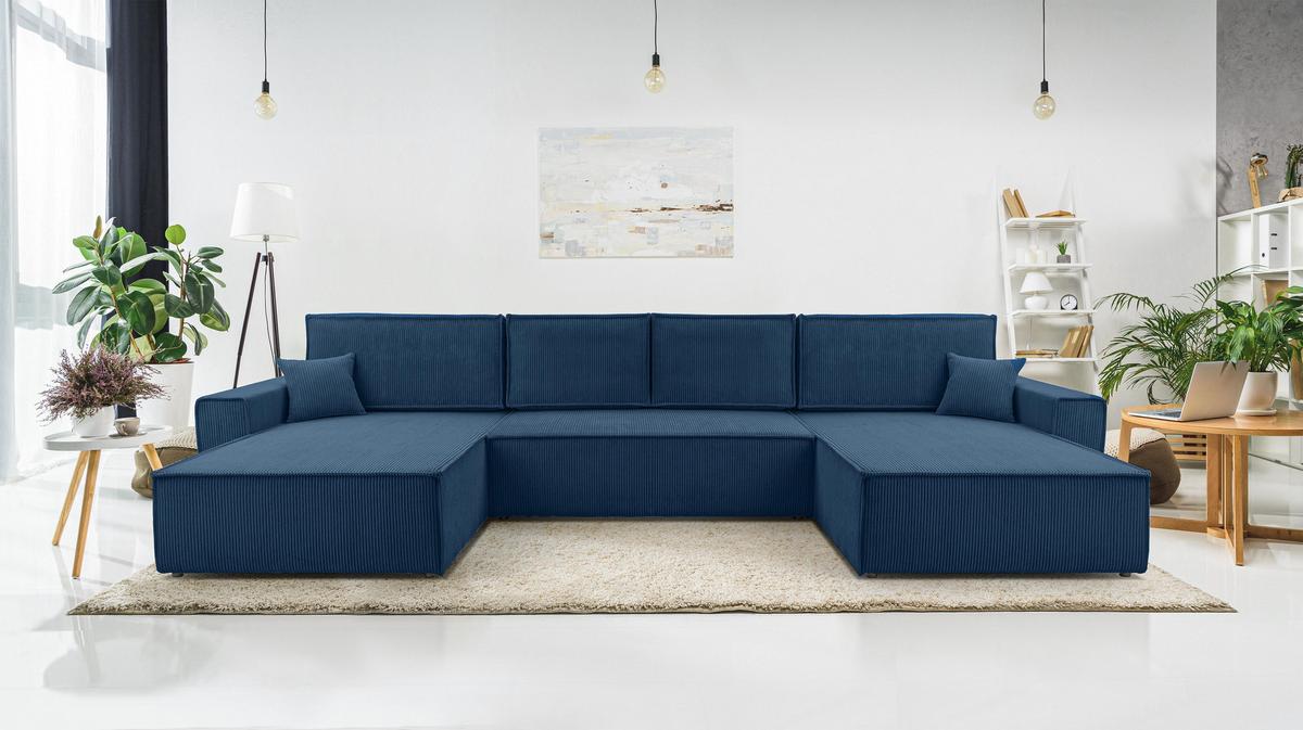 WOHNLANDSCHAFT Cedria Blau 389/145/85 cm mit Schlaffunktion - Schwarz/Dunkelblau, Kunststoff/Textil (389/85/145cm) - AX Living