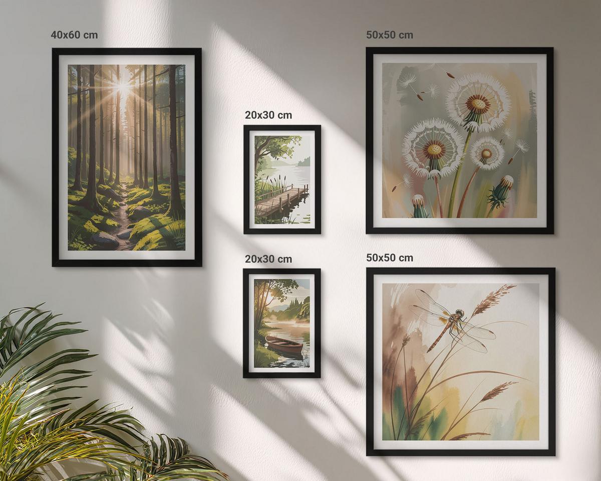 BILDER SET 5er Set - 50x50 cm & 20x30 cm & 40x60 cm Schwarzer Rahmen - See, Wald, Boot, Morgennebel - Schwarz, Kunststoff (40/60cm) - TULUP