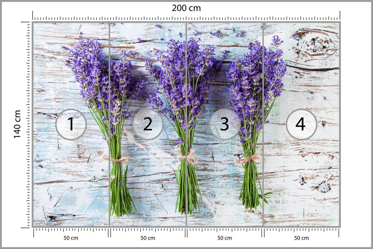 FOTOTAPETE für Küche Lavendelblüten Lila Holz Rustikal 200x140 - Violett/Weiß, Papier (200/140cm) - Muralo