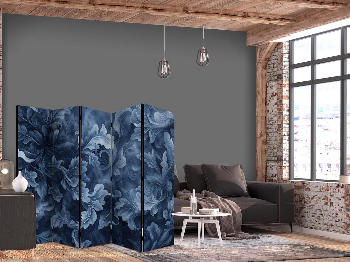 PARAVENT 5-tlg 225x172 cm Blaue Blätter - Blau, Holz/Textil (225/172/3cm) - Muralo
