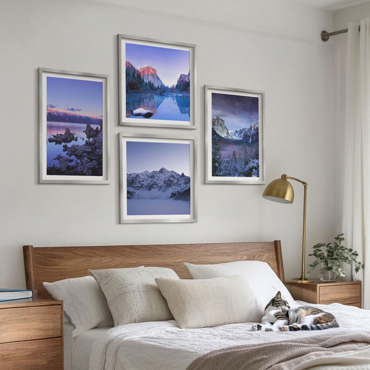 BILDER SET 4er Set - 50x50 cm & 40x60 cm Silberner Rahmen - Berglandschaften, Sonnenuntergang, Wasser - Silberfarben, Kunststoff (50/50cm) - TULUP