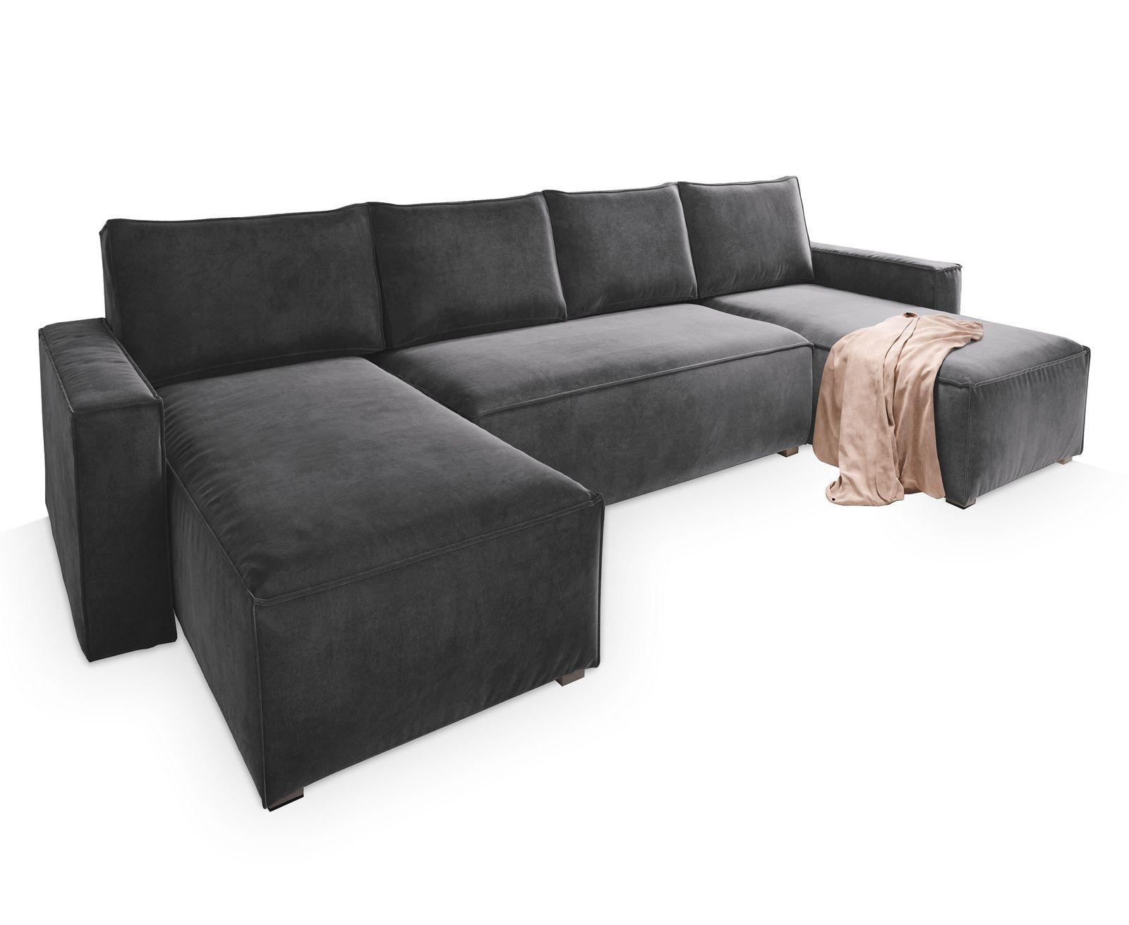 WOHNLANDSCHAFT DENI Grau Velours-Stoff mit Schlaffunktion - Grau, Holz/Kunststoff (295/85/140cm) - MASSENO