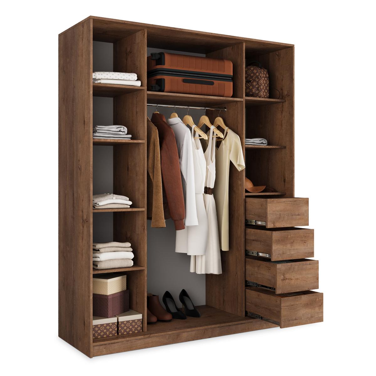 SCHWEBETÜRENSCHRANK SORE 160/205/58 cm 3-türig mit Spiegel und 4 Schubladen Schwarz - Eichefarben/Schwarz, Holzwerkstoff (160/205/58cm) - MASSENO