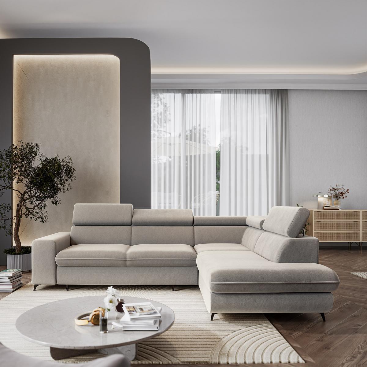 ECKSOFA VELISS Hellgrau Veloursstoff mit Schlaffunktion - Hellgrau, Holz (255/193cm) - MASSENO