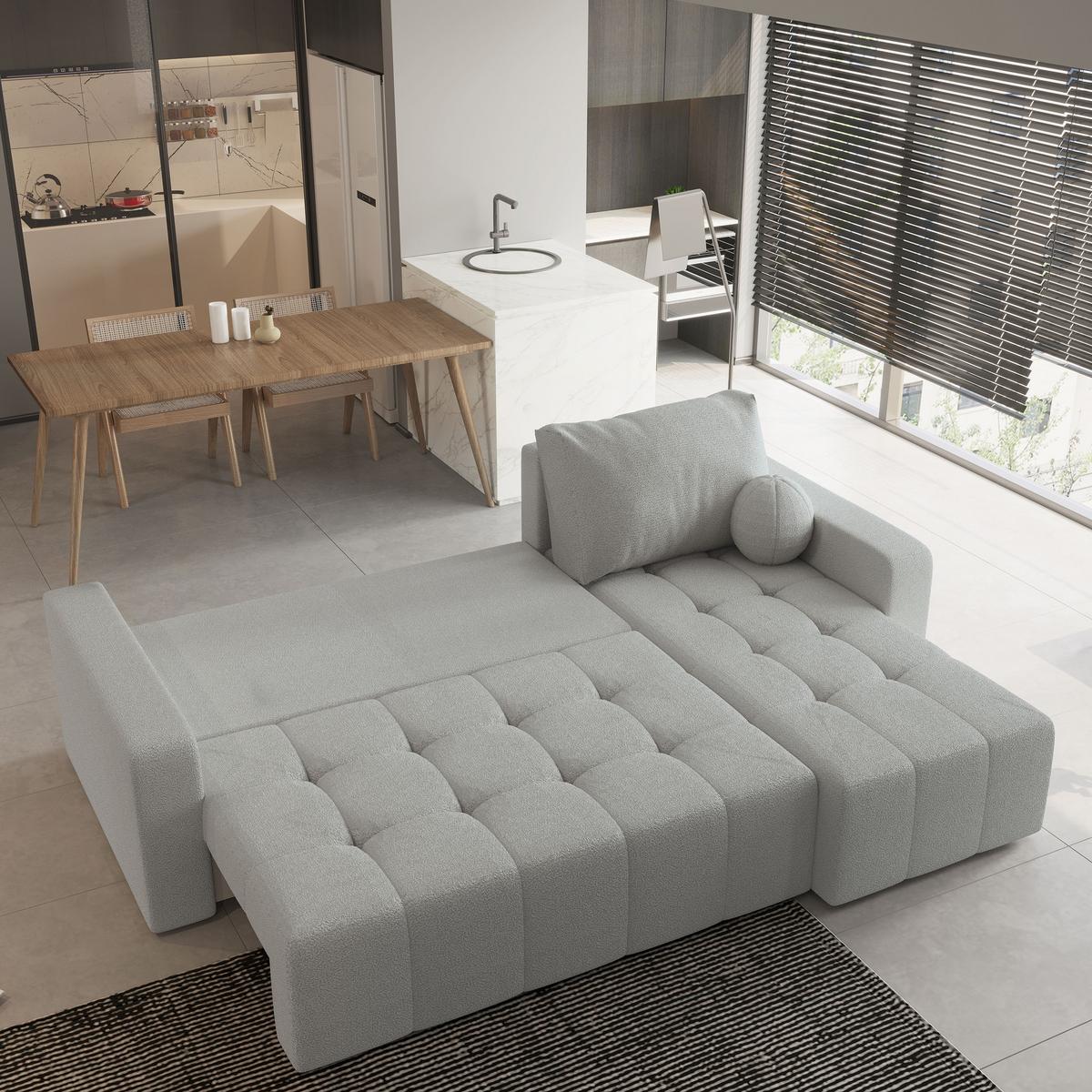 ECKSOFA VOLIRA Hellgrau Boucle-Stoff mit Schlaffunktion - Hellgrau, Holz (230/143cm) - MASSENO