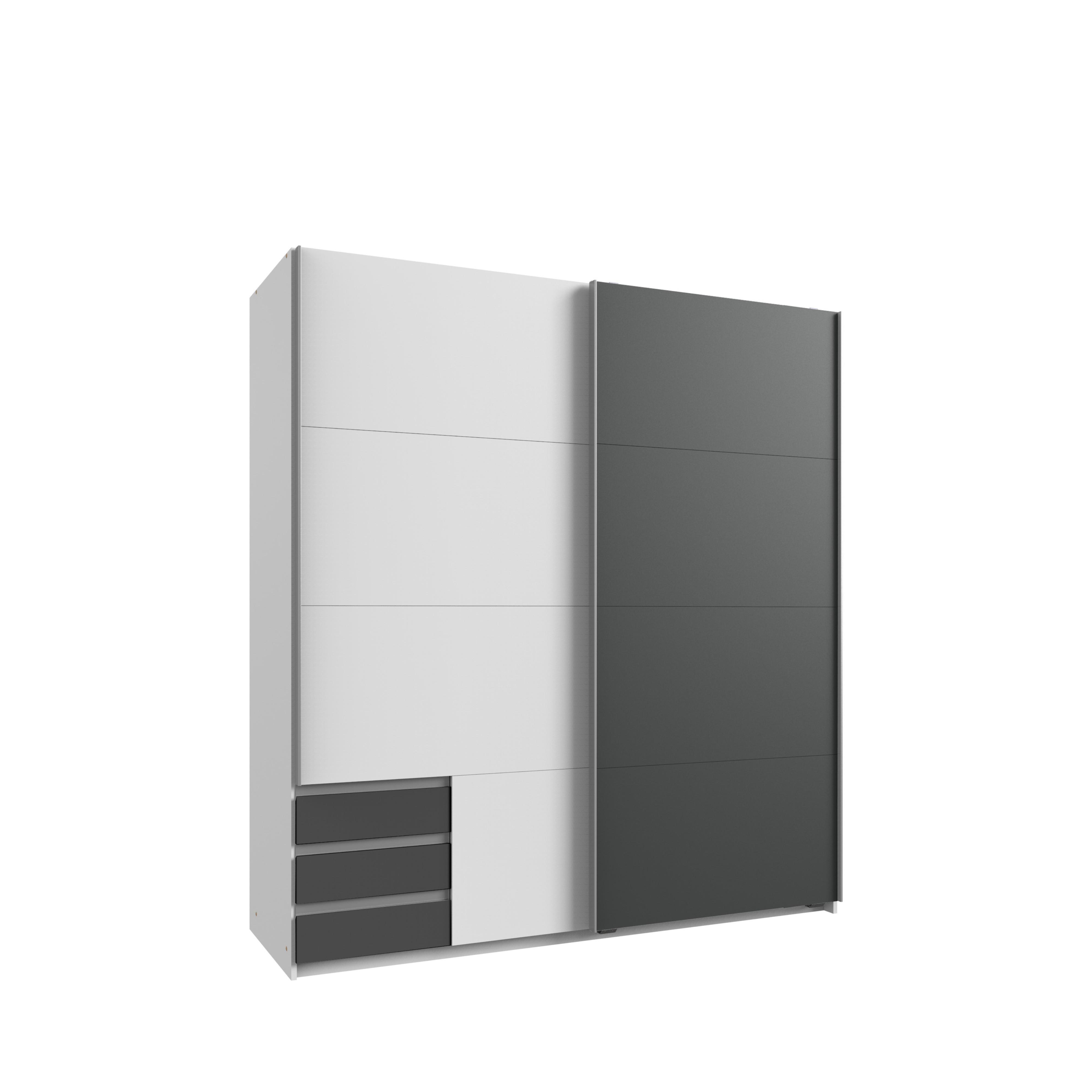 SCHWEBETÜRENSCHRANK 2-türig B179/H198/T65 cm, Kleiderschrank in Weiß, 1x Tür & sichtbare Schubkästen in Grafit / 22689 - Graphitfarben/Alufarben, Holz/Holzwerkstoff (179/198/65cm) - luma-home