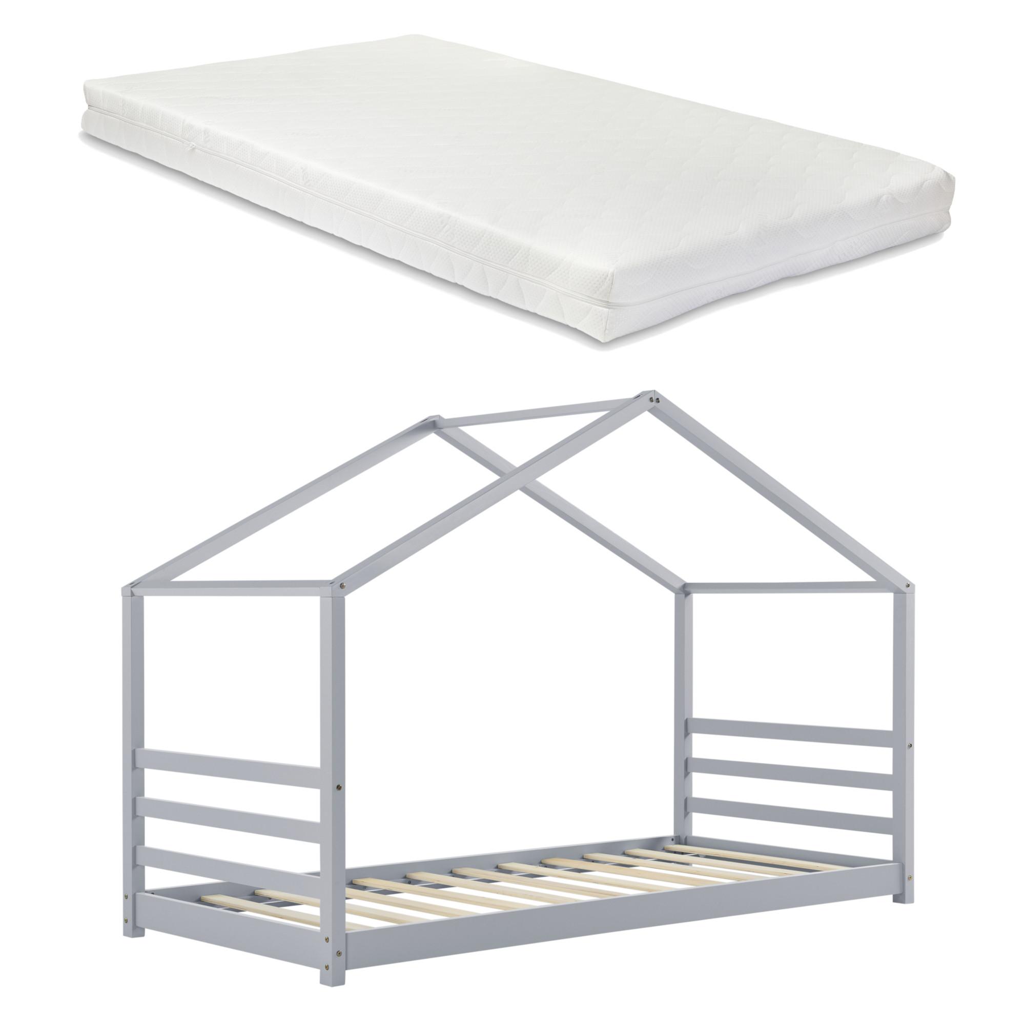 HAUSBETT Vardø mit Matratze - Grau, Holz/Textil (90/200cm) - [en.casa]