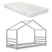HAUSBETT Vardø mit Matratze - Grau, Holz/Textil (90/200cm) - [en.casa]