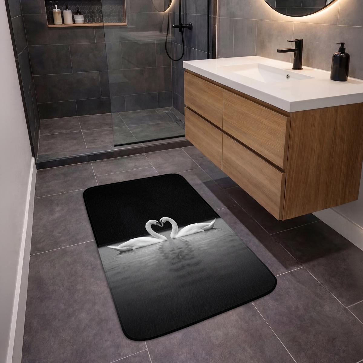 BADEMATTE Schwäne - Herz - Schwarz - Weiß 60x90 cm - Schwarz, Textil (60/90cm) - OnlyWow