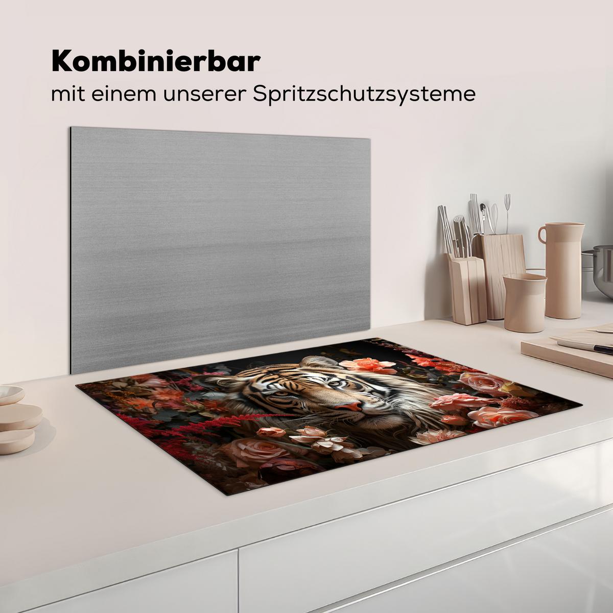 HERDABDECKPLATTE Tiger - Tier - Natur - Floral - Botanisch Ceranfeldabdeckung 78x52 cm - Orange, Kunststoff (78/52/0.2cm) - MuchoWow