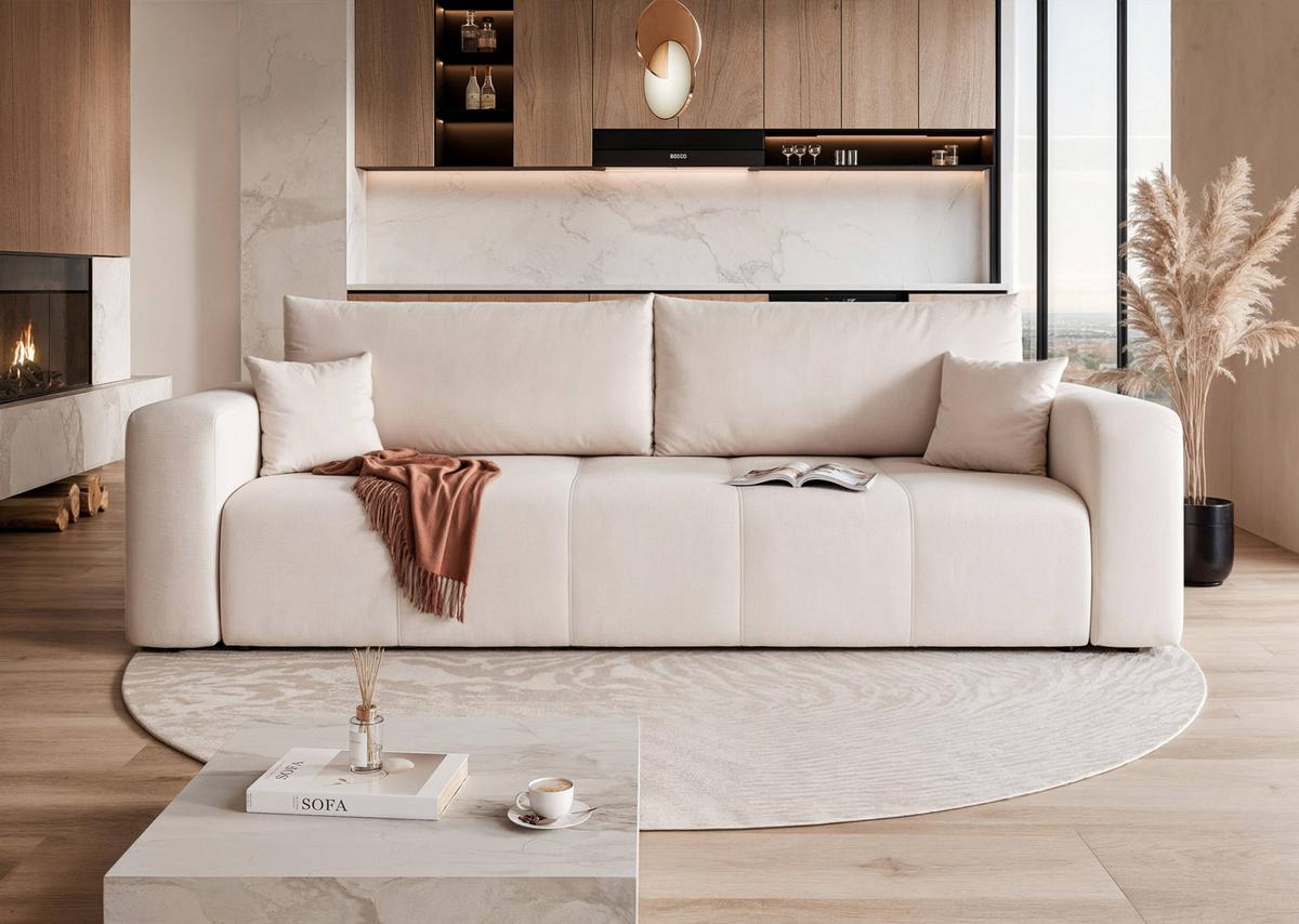 SCHLAFSOFA Velours mit Bettkasten und Schlaffunktion - Creme, Holzwerkstoff/Textil (246/79/93cm) - Idohome