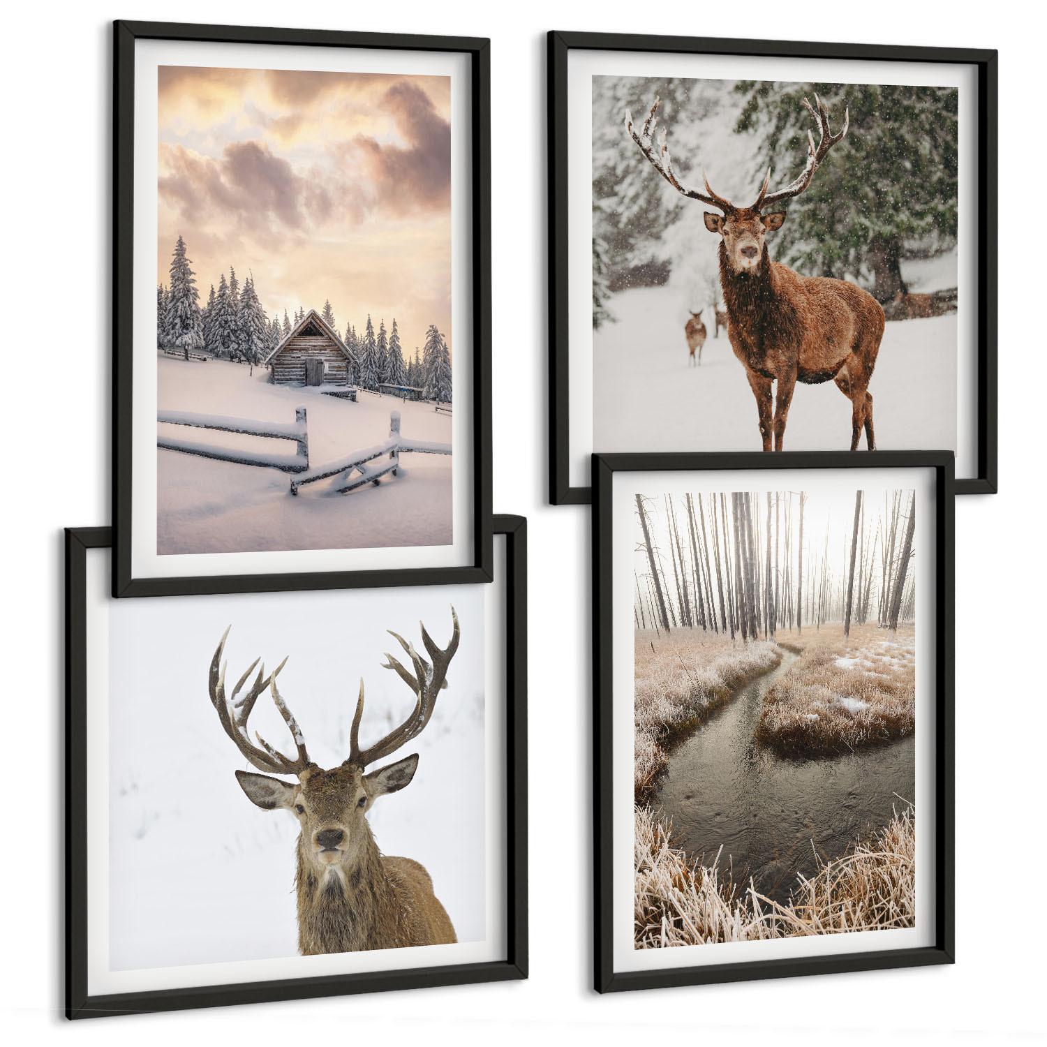 BILDER SET 4er Set - 50x50 cm & 40x60 cm Schwarzer Rahmen - Winterlandschaft mit Hirschen - Schwarz, Kunststoff (50/50cm) - TULUP