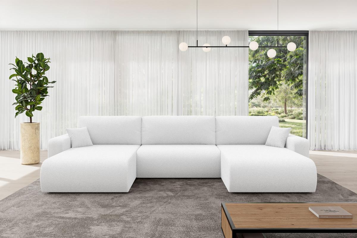 WOHNLANDSCHAFT mit Schlaffunktion und Bettkasten BERY-U 377x193x88 Weiß Bouclé - Schwarz/Weiß, Holzwerkstoff/Kunststoff (377/88/193cm) - ALTDECOR