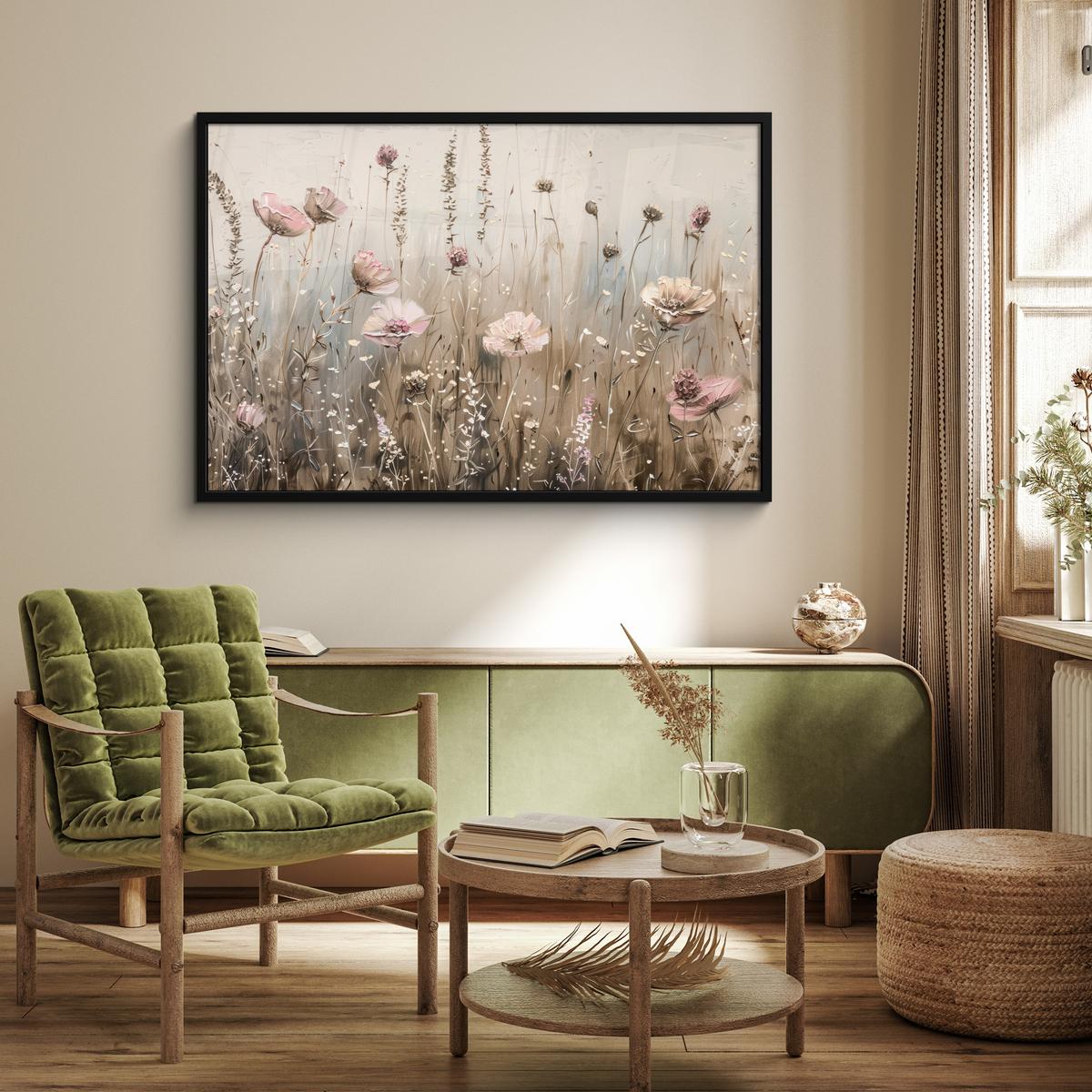 POSTER MIT RAHMENGERAHMTES BILD Blumen - Rosa - Modern - Beige 120x80 cm - Beige, Papier (120/80cm) - MuchoWow