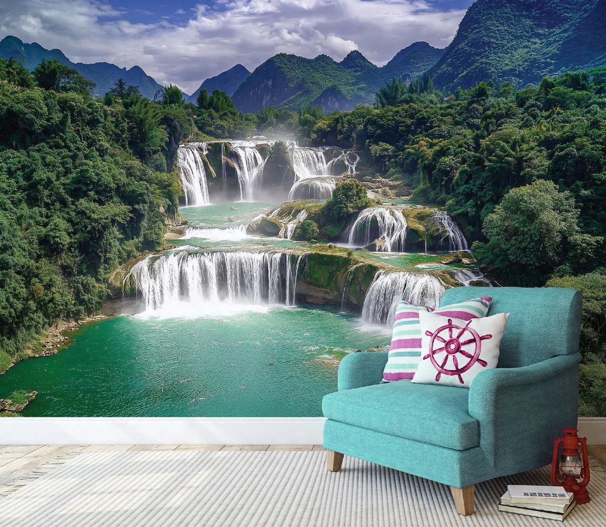 FOTOTAPETE 3D Effekt Wasserfall Natur Wald Wohnzimmer 400x280 - Multicolor, Papier (400/280cm) - Wallarena