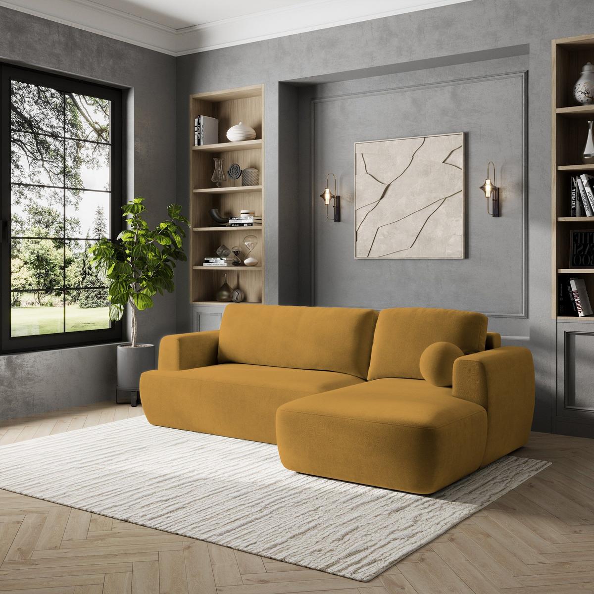 ECKSOFA SENTI K R-S Gelb Plüsch-Stoff mit Schlaffunktion - Gelb/Schwarz, Holz/Kunststoff (246/148cm) - MASSENO