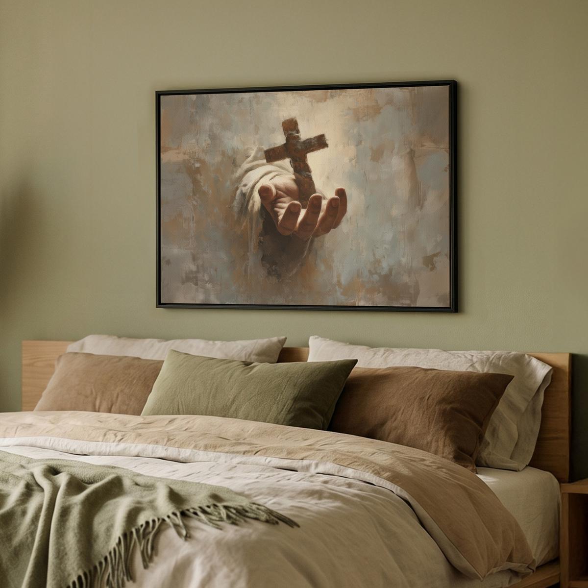 LEINWAND Bilder mit Rahmen - Abstrakt - Kreuz - Hand - Christentum - 80x60 - Hellbraun, Textil (80/60cm) - MuchoWow