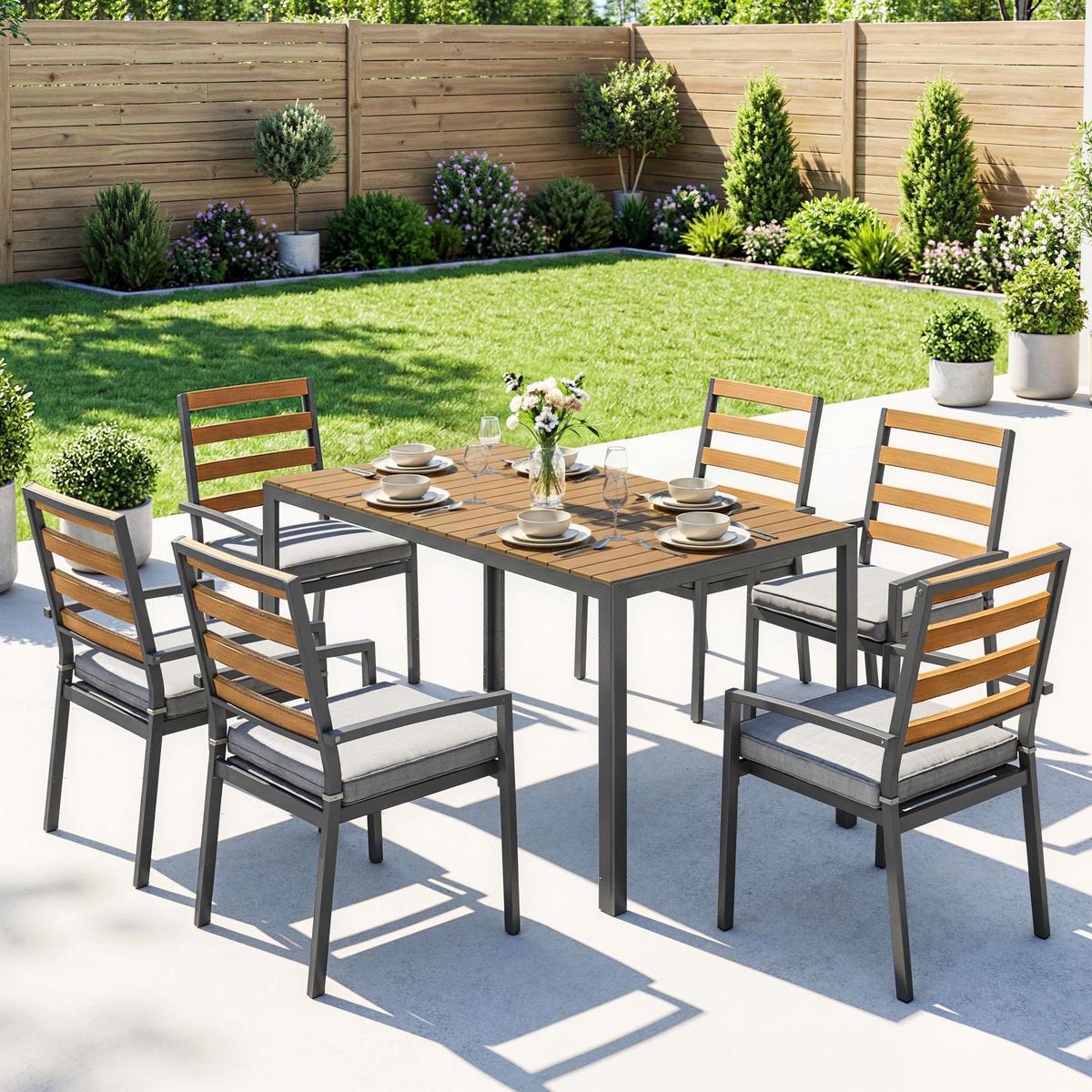 GARTENGARNITUR 7ER-SET aus Verzinktem Stahl Naturholz - Dunkelgrau/Hellgrau, Textil/Metall - Outsunny