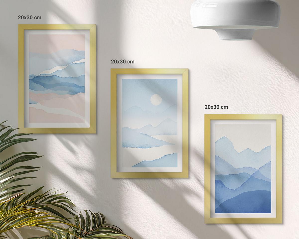 BILDER SET 3er Set - 20x30 cm Goldrahmen - Aquarell: Blau-rosa Berge - Goldfarben, Kunststoff (20/30cm) - TULUP
