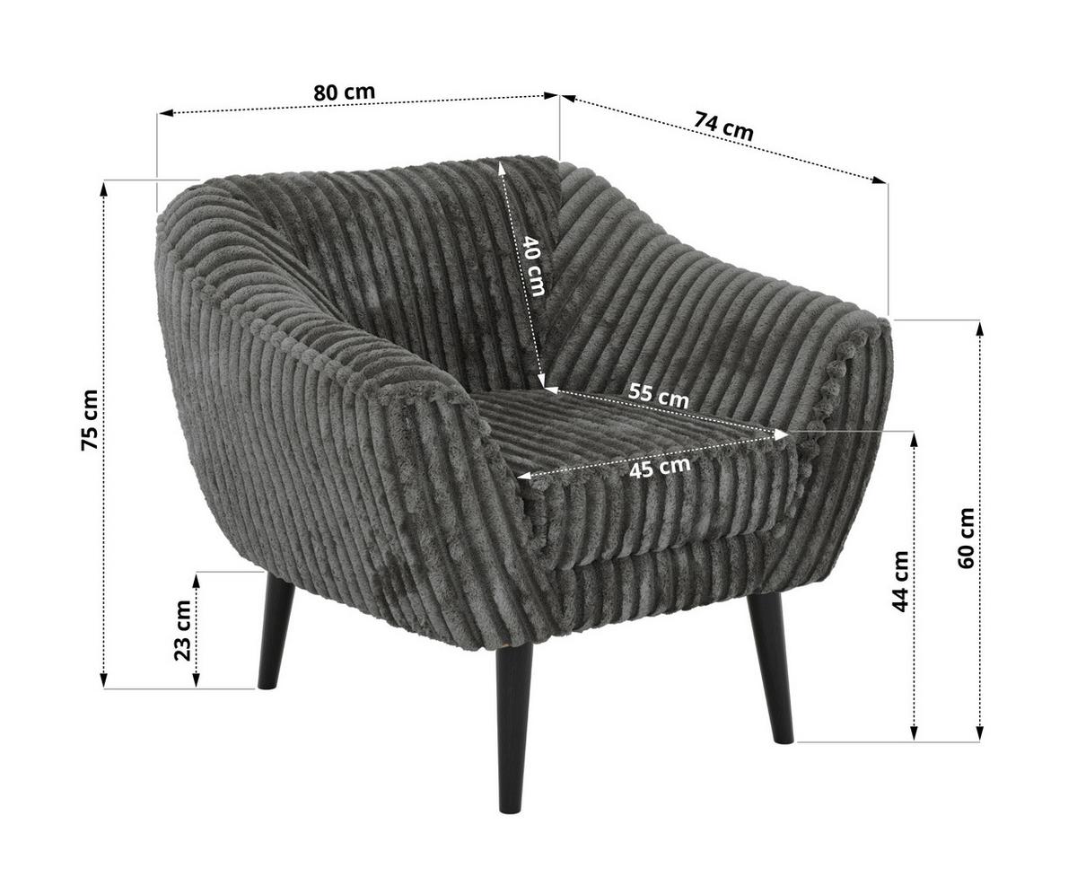 SESSEL PIRS - Grau Cord - Schwarze Beine - Schwarz/Grau, Holzwerkstoff/Textil (80/75/74cm) - MKS