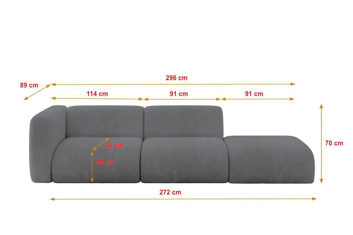 SOFA Ottomane Links MIRA-S3 296x89x70 Dunkelgrau Cord - Dunkelgrau/Graphitfarben, Holzwerkstoff/Kunststoff (296/70/89cm) - ALTDECOR