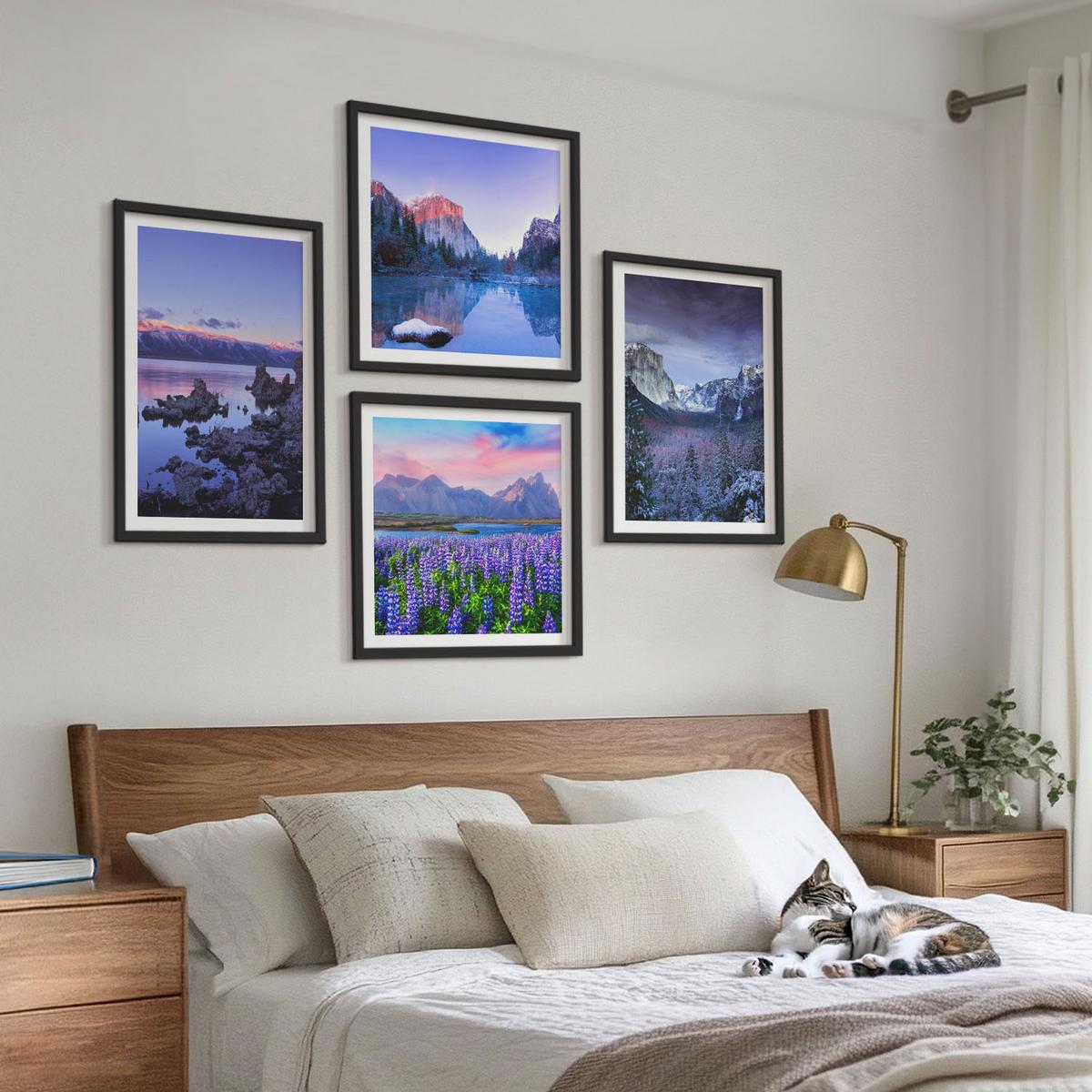 BILDER SET 4er Set - 50x50 cm & 40x60 cm Schwarzer Rahmen - Berglandschaften, Wasser, Blumenfeld - Schwarz, Kunststoff (50/50cm) - TULUP