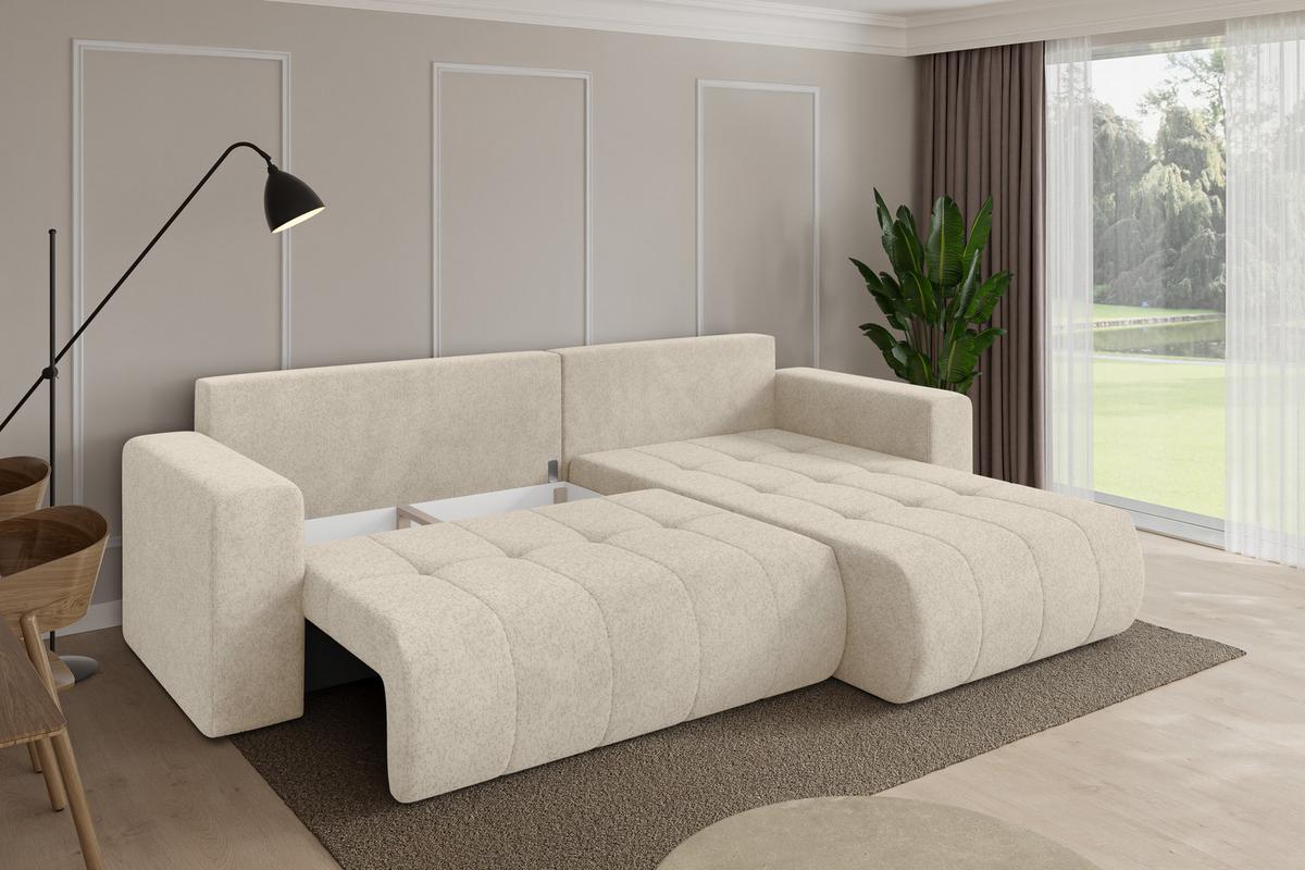 ECKSOFA mit Schlaffunktion Ottomane Rechts MILA-L 277x194x86 Creme Velours - Creme/Schwarz, Holzwerkstoff/Kunststoff (277/194cm) - ALTDECOR