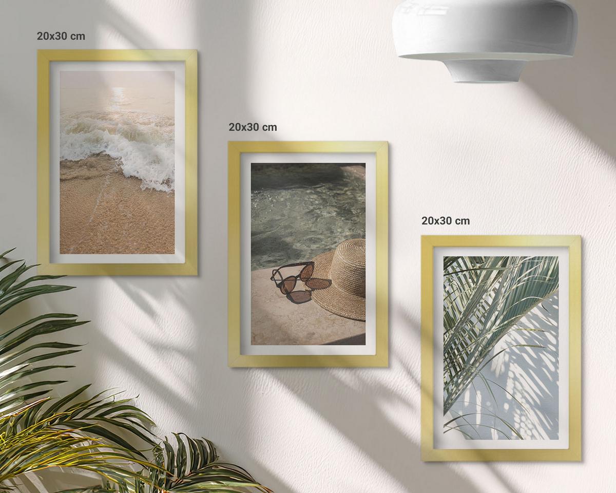 BILDER SET 3er Set - 20x30 cm Goldrahmen - Strandhut und Sonnenbrille - Goldfarben, Kunststoff (20/30cm) - TULUP