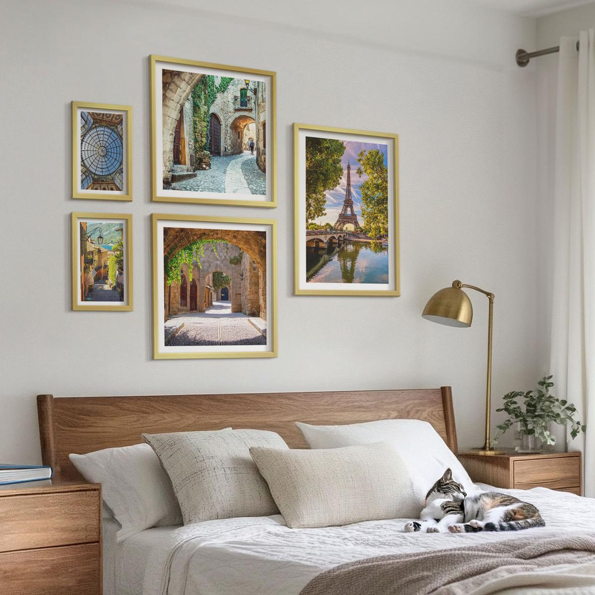 BILDER SET 5er Set - 50x50 cm & 20x30 cm & 40x60 cm Goldrahmen - Grüne, saftige Blätter - Goldfarben, Kunststoff (40/60cm) - TULUP