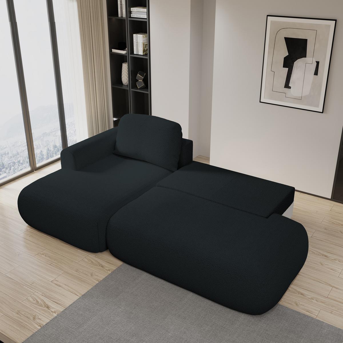 ECKSOFA NUVIRA L-S Schwarz Boucle-Stoff mit Schlaffunktion - Schwarz, Holz (279/158cm) - MASSENO