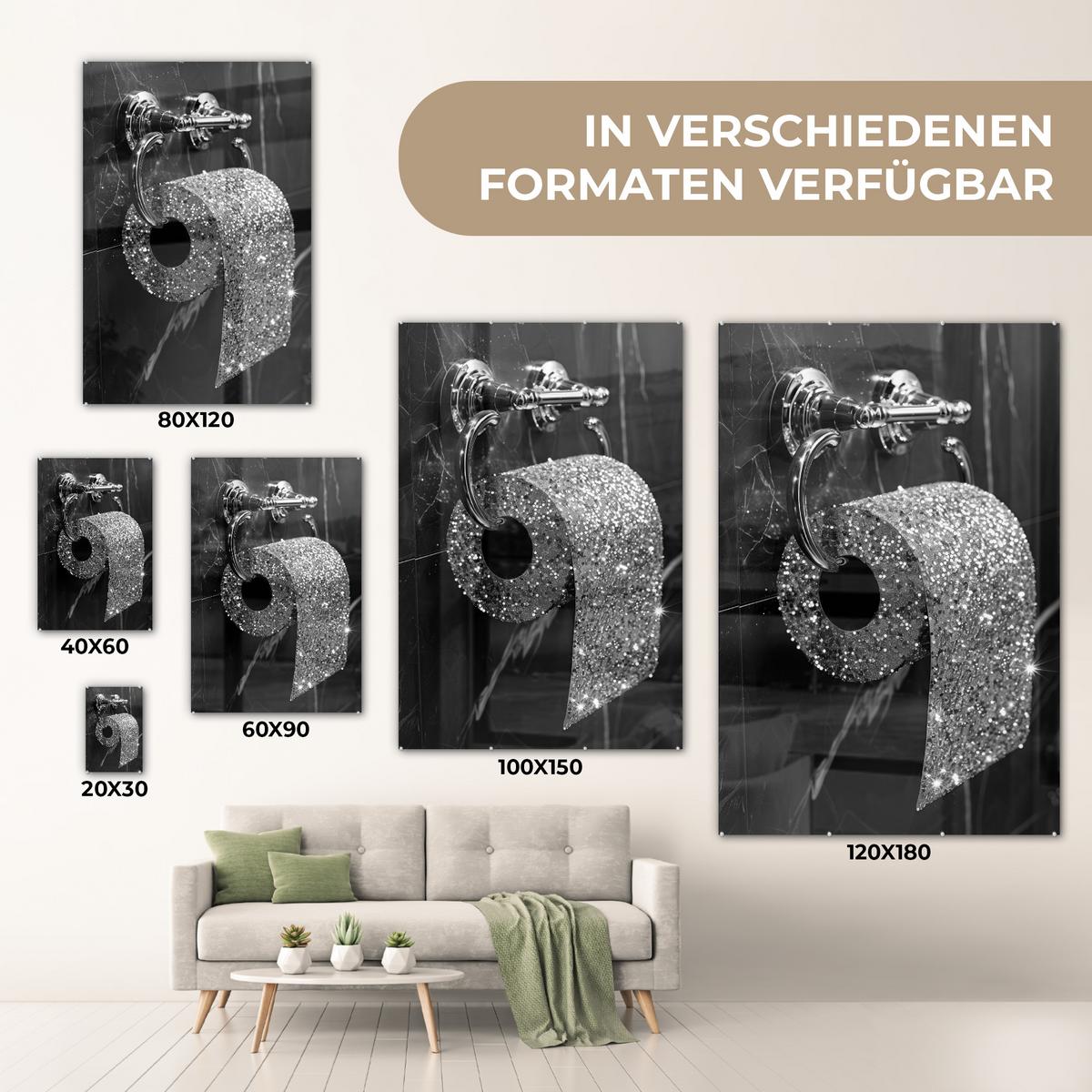 ACRYLGLASBILD WC - Toilettenpapier - Schwarz und weiß - Glitter 80x120 cm - Silberfarben, Glas (80/120cm) - MuchoWow