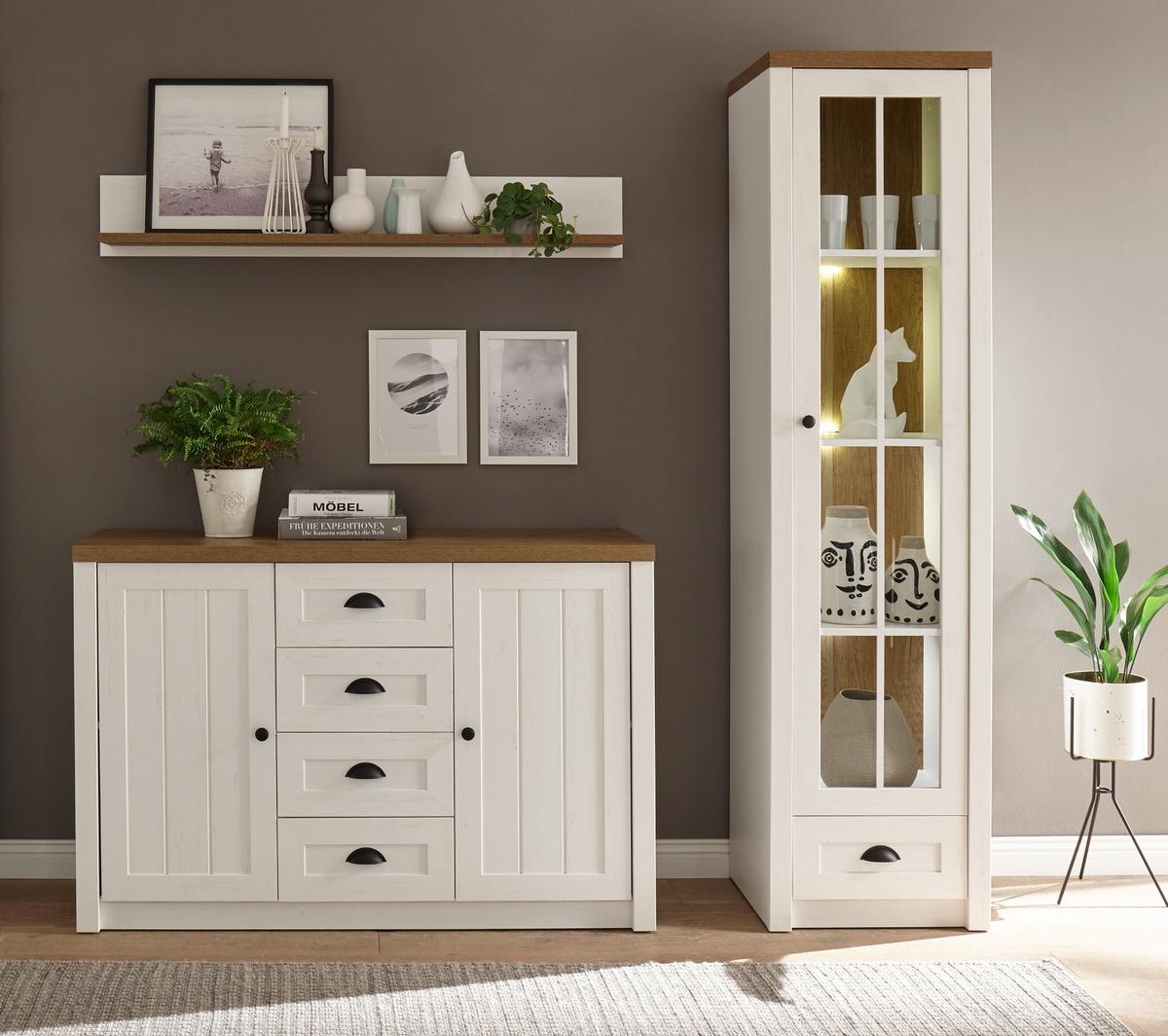 SIDEBOARD weiß Pinie, Eiche hell Landhaus, Kommode 130 x 88 cm - Eichefarben/Schwarz, Holzwerkstoff/Metall (130/86/43cm) - Furn.Design