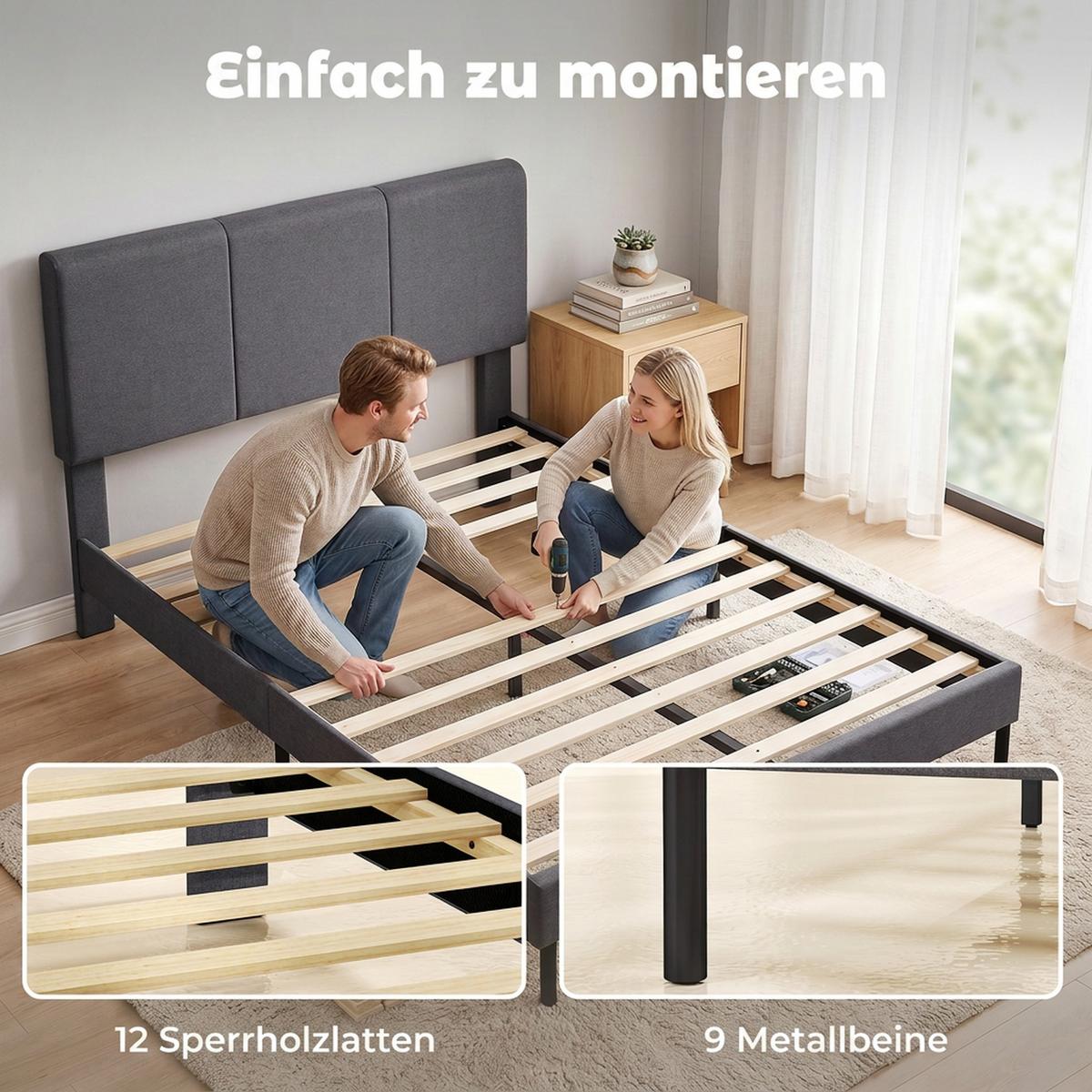 BETTGESTELL Polyester Sperrholz Dunkelgrau - Dunkelgrau, Holzwerkstoff/Textil (140/200cm) - HOMCOM
