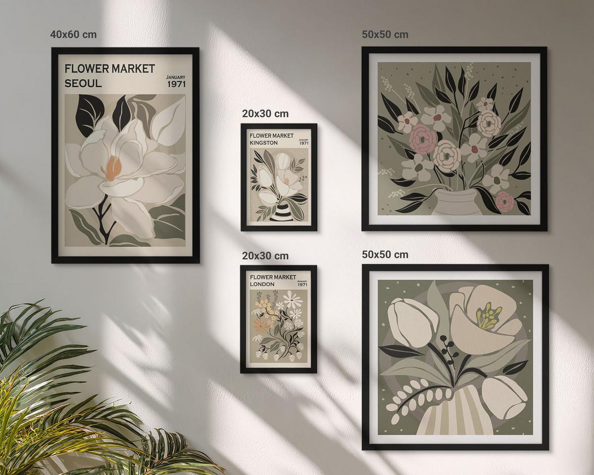 BILDER SET 5er Set - 50x50 cm & 20x30 cm & 40x60 cm Schwarzer Rahmen - Retro-Blumen aus Städten rund um die Welt - Schwarz, Kunststoff (40/60cm) - TULUP