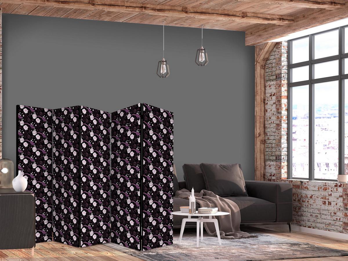PARAVENT 5-tlg 225x172 cm Vögel und Pfingstrosen - Schwarz, Holz/Textil (225/172/3cm) - Muralo