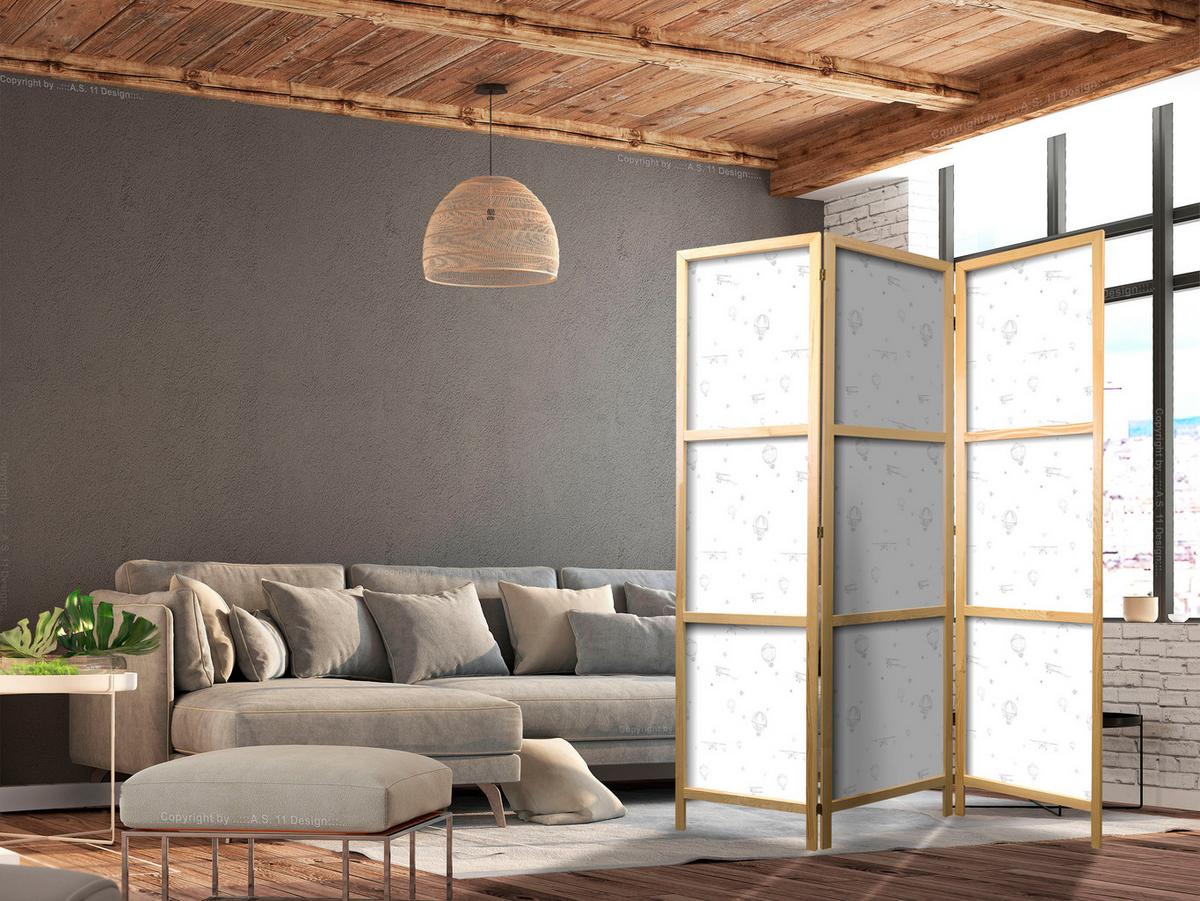 PARAVENT Japanischer 3-tlg 135x172 cm Luftballons Sterne Flugzeuge - Weiß, Holz/Textil (135/172/3cm) - Muralo
