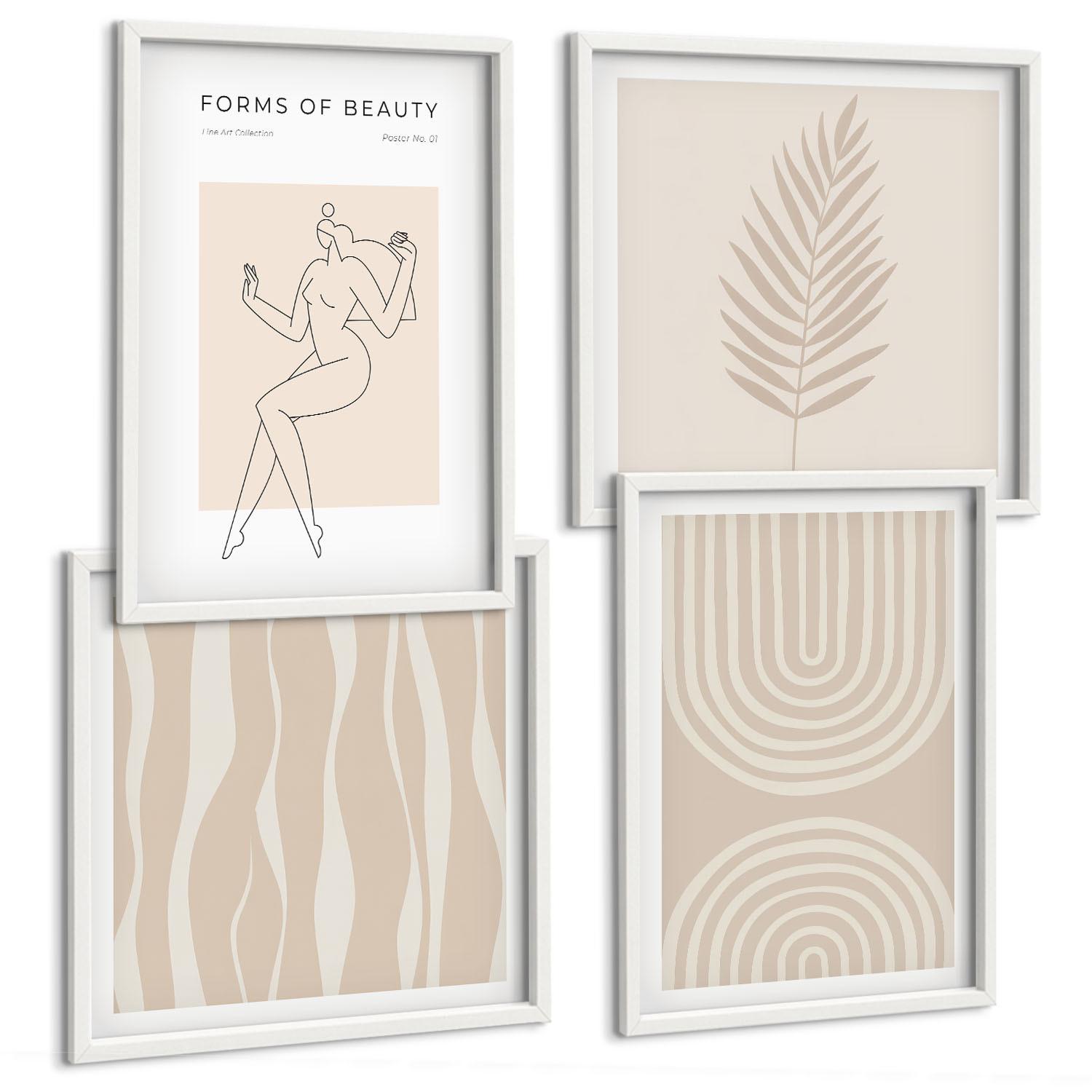 BILDER SET 4er Set - 50x50 cm & 40x60 cm Weißer Rahmen - Abstrakte Boho-Dekorationen - Weiß, Kunststoff (50/50cm) - TULUP