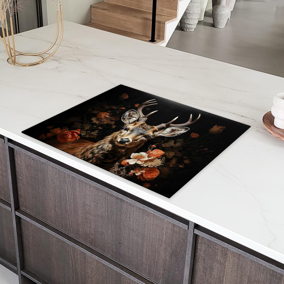 HERDABDECKPLATTE Hirsch - Tier - Blumen - Natur - Botanisch Induktionsmatte 77x59 cm - Kupferfarben, Kunststoff (77/59/0.2cm) - MuchoWow