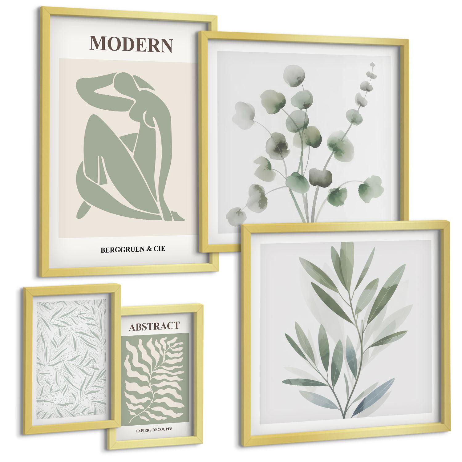 BILDER SET 5er Set - 50x50 cm & 20x30 cm & 40x60 cm Goldrahmen - Matisse entwirft Boho-Pflanzen - Goldfarben, Kunststoff (40/60cm) - TULUP