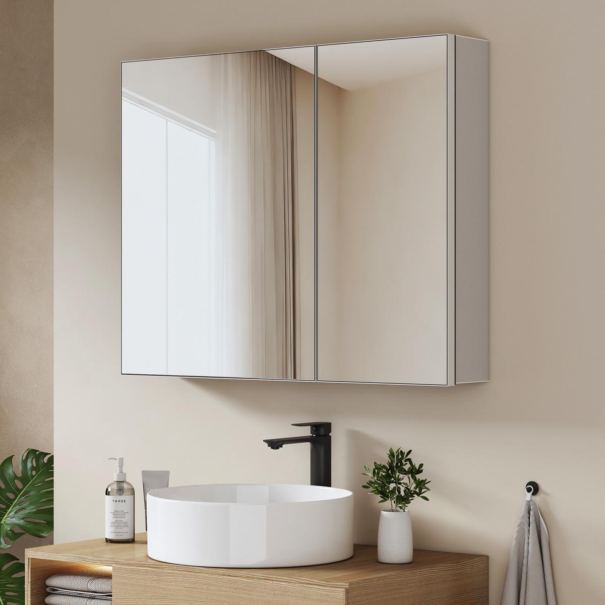 SPIEGELSCHRANK mit Ablagefächern und Rückwand-Stauraum mattweiß 65/80 cm - Weiß, Glas (80/65/15cm) - EMKE