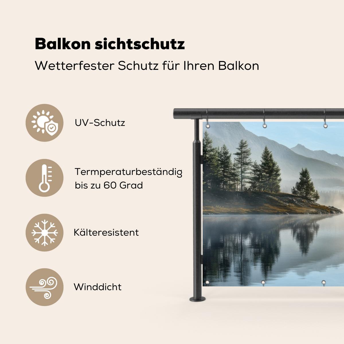 BALKON-SICHTSCHUTZ See - Nebel - Berge - Landschaft Witterungsbeständig 200x110 cm - Hellblau, Kunststoff (200/110cm) - MuchoWow