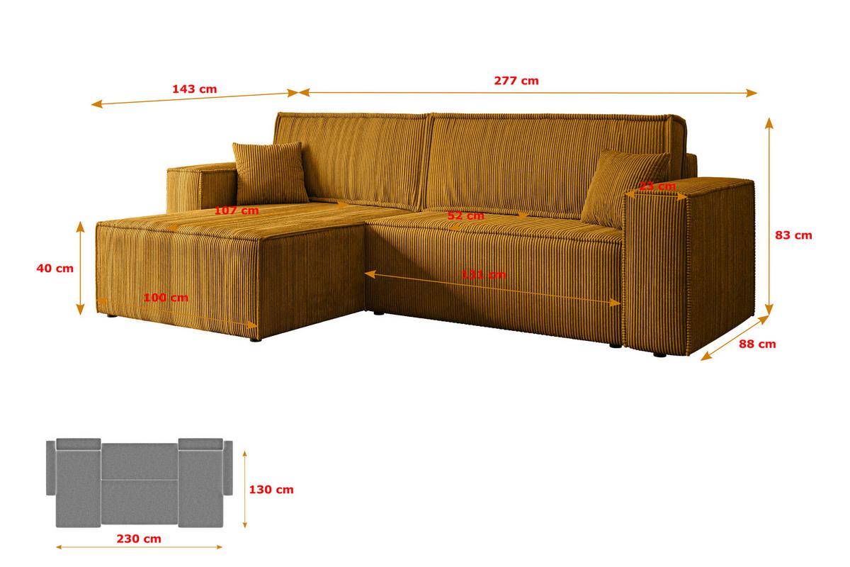 ECKSOFA mit Schlaffunktion und Bettkasten CELTIC-XL - 277x143x83 cm Senfgelb Cord - Gelb/Schwarz, Holzwerkstoff/Kunststoff (277/143cm) - ALTDECOR