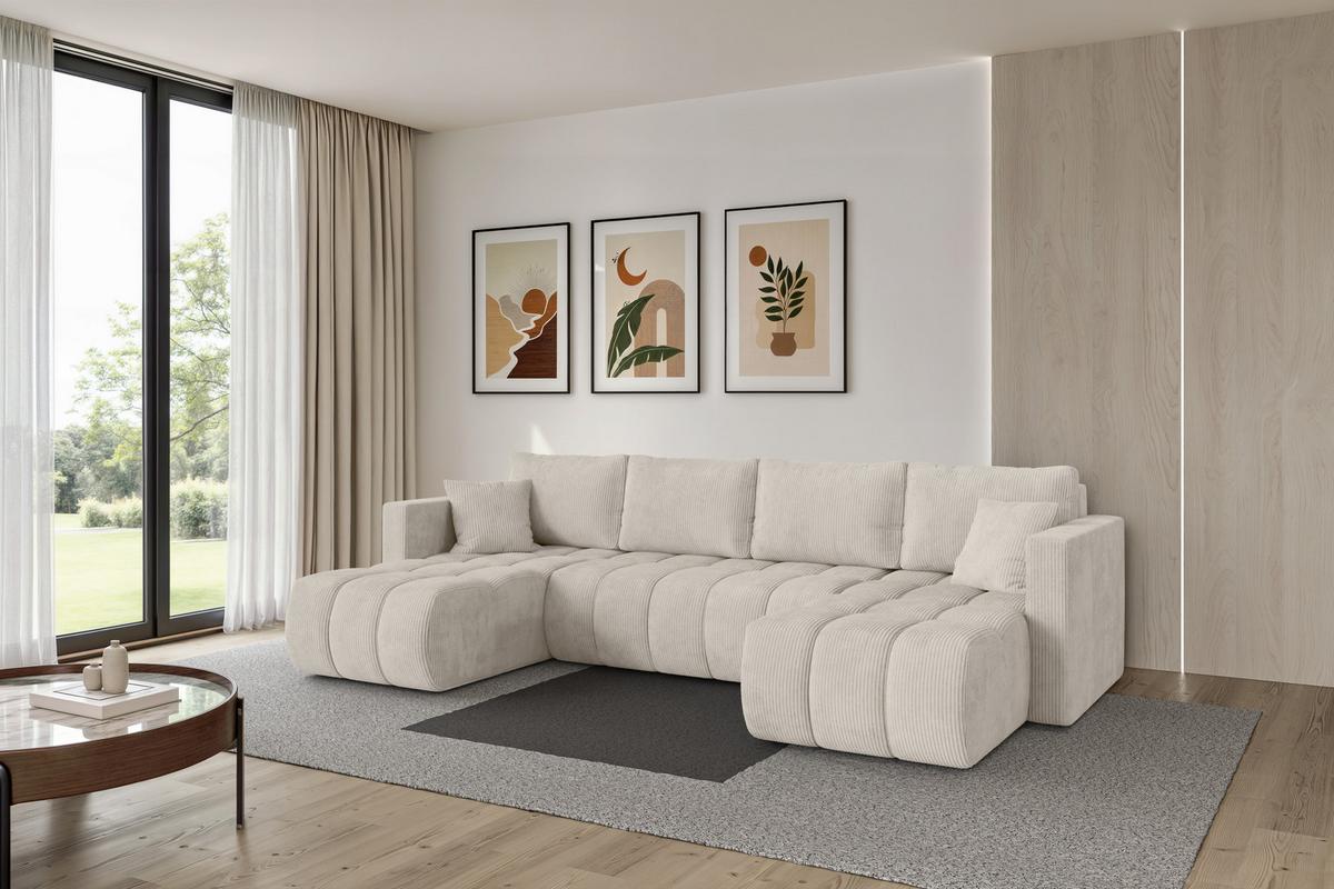 WOHNLANDSCHAFT mit Schlaffunktion und Bettkasten GARD-U 300x146x85 Creme Cord - Ecru/Creme, Holzwerkstoff/Kunststoff (300/85/146cm) - ALTDECOR