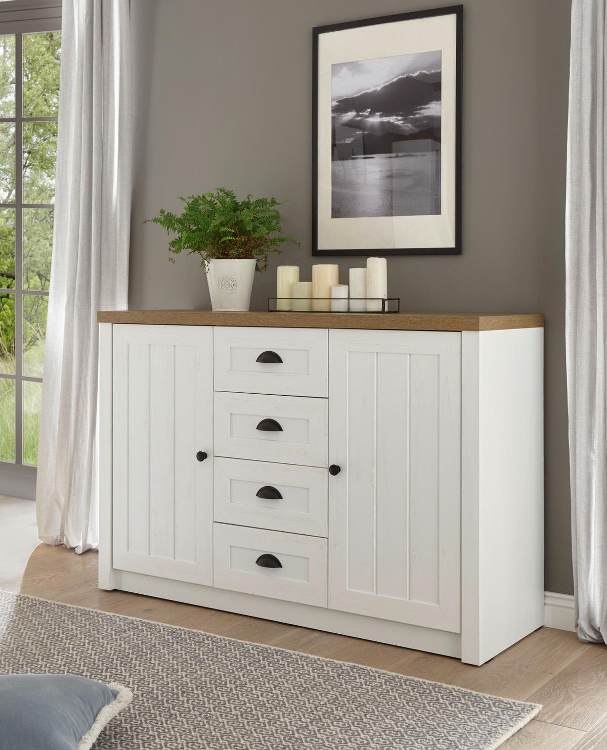 SIDEBOARD weiß Pinie, Eiche hell Landhaus, Kommode 130 x 88 cm - Eichefarben/Schwarz, Holzwerkstoff/Metall (130/86/43cm) - Furn.Design