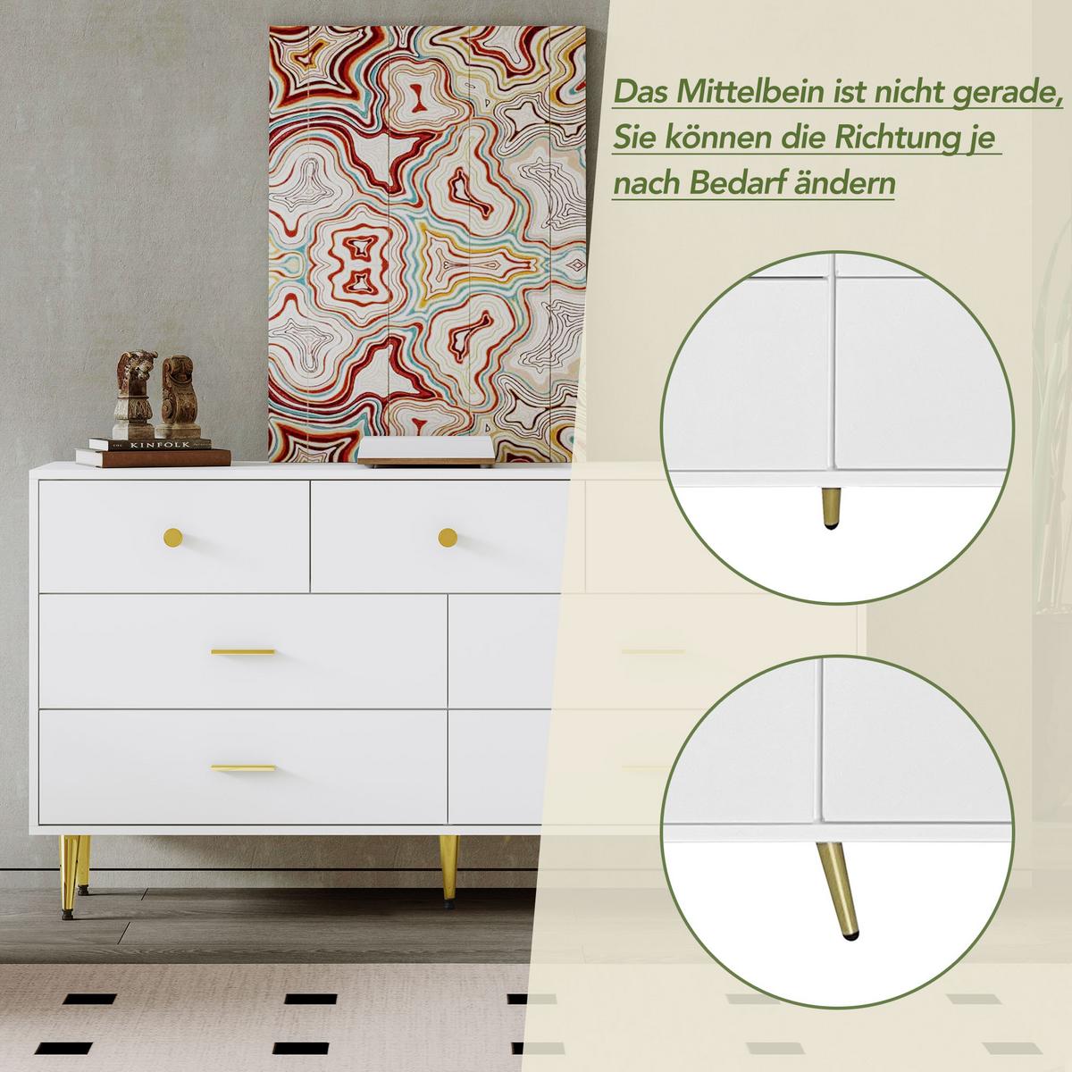 SIDEBOARD mit 6 Schubladen und Goldenen Akzenten, 140/35/76cm - Weiß, Holzwerkstoff/Metall (140/76/35cm) - Urban Meuble