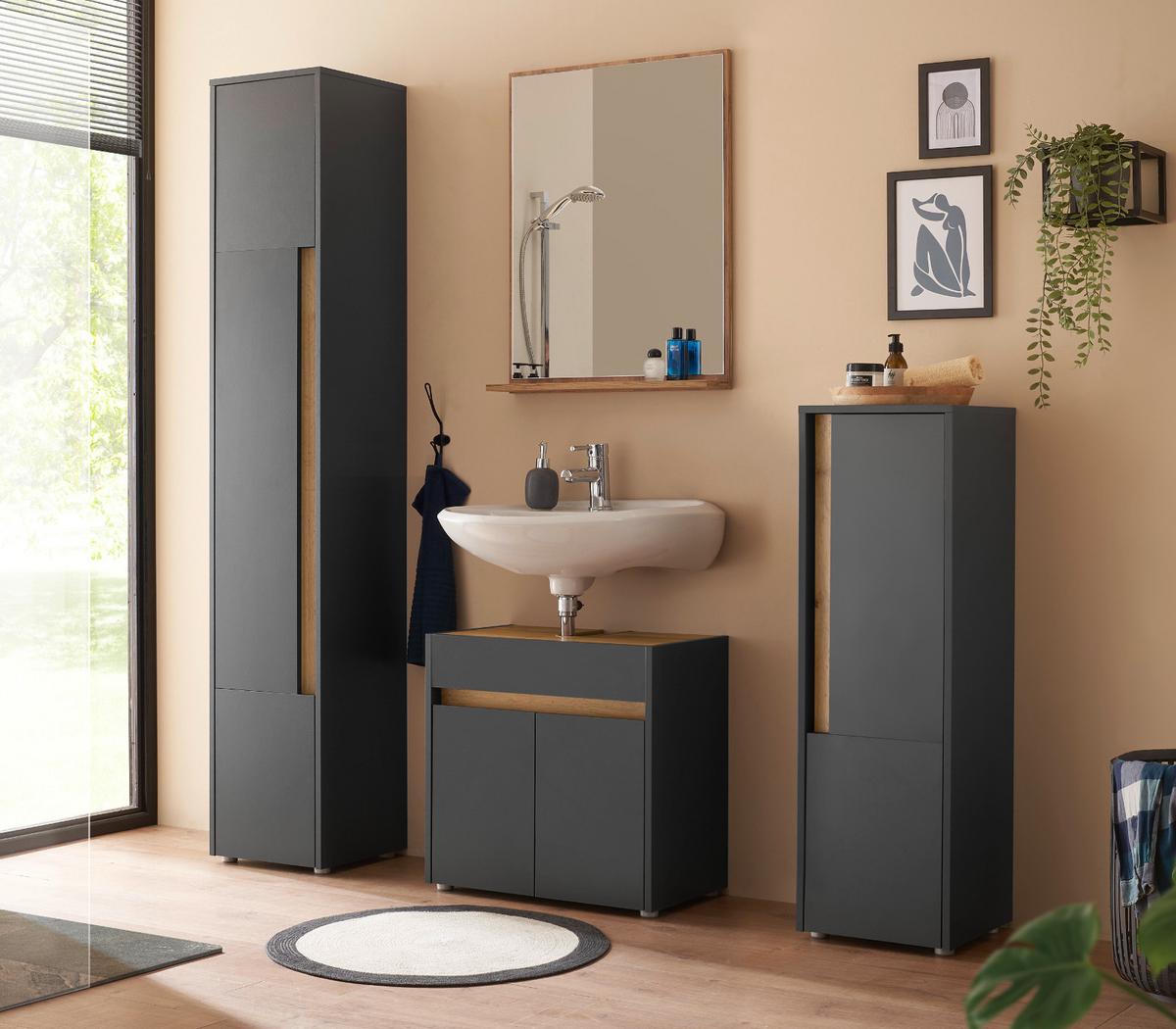 BAD-HOCHSCHRANK grau matt, Wotan Eiche, Badschrank 34 x 200 cm - Eiche Wotan/Schwarz, Holzwerkstoff/Kunststoff (34/199/34cm) - Furn.Design