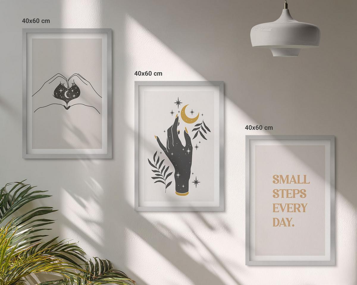 BILDER SET 3er Set - 40x60 cm Silberner Rahmen - Minimalistische Boho-Illustrationen - Silberfarben, Kunststoff (40/60cm) - TULUP