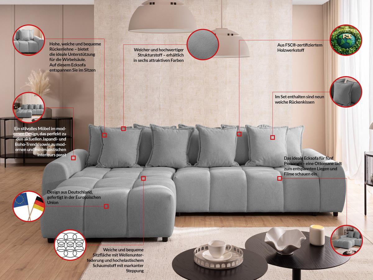 ECKSOFA Bubble mit losen Rückenkissen und Sitzfläche in Bubble-Optik aus weichem Grau Strukturstoff mit schöner Sitzkomfort - Ottomane links - Schwarz/Grau, Holz/Kunststoff (180/306cm) - S-Style Möbel