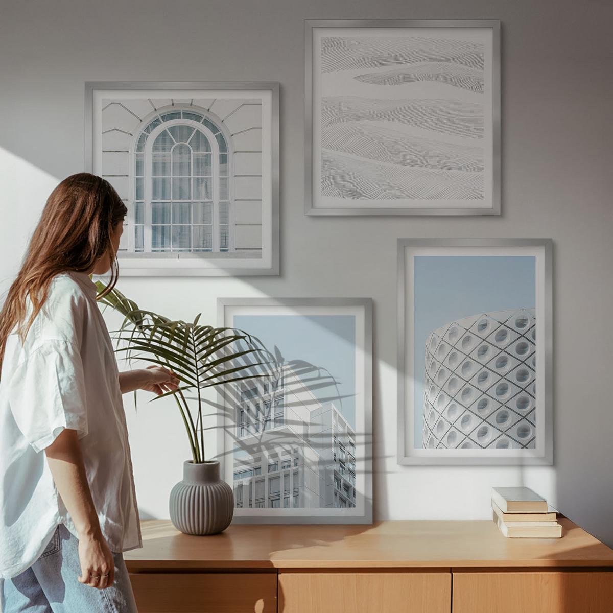 BILDER SET 4er Set - 50x50 cm & 40x60 cm Silberner Rahmen - Moderne Architekturgeometrie - Silberfarben, Kunststoff (50/50cm) - TULUP